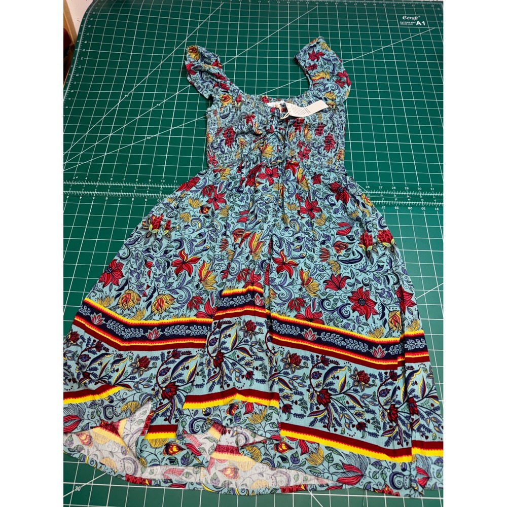 Grace and Lace Floral Smocked Midi Dress Blue Boho Ruffle Sleeve Womens XS NWT